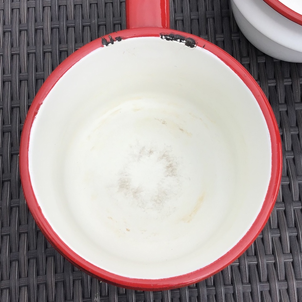 Vintage Enamelware Double Boiler White Red 3 Piece Set Farmhouse - Picture 6 of 15